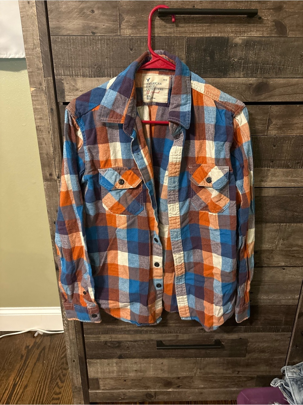 American Eagle Men’s Orange & Blue Plaid Shirt Jacket